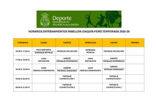 HORARIOS ENTRENAMIENTOS PABELLON JOAQUIN PEIRO TEMPORADA 2025-26