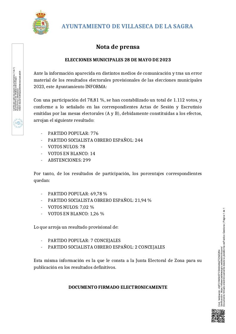 Nota de Prensa “ELECCIONES MUNICIPALES 28 DE MAYO 2023”