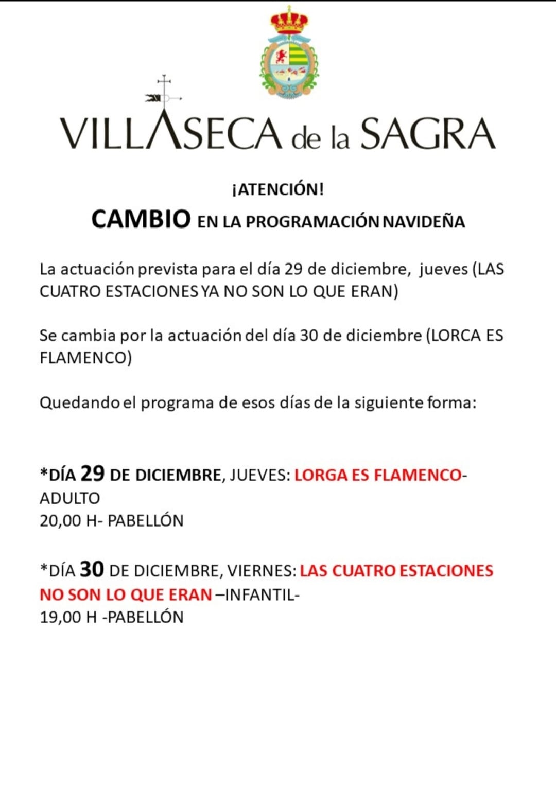 Cambios programación de Navidad