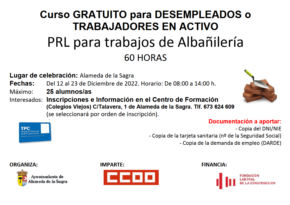 Curso gratuito PRL para trabajos de Albañilería