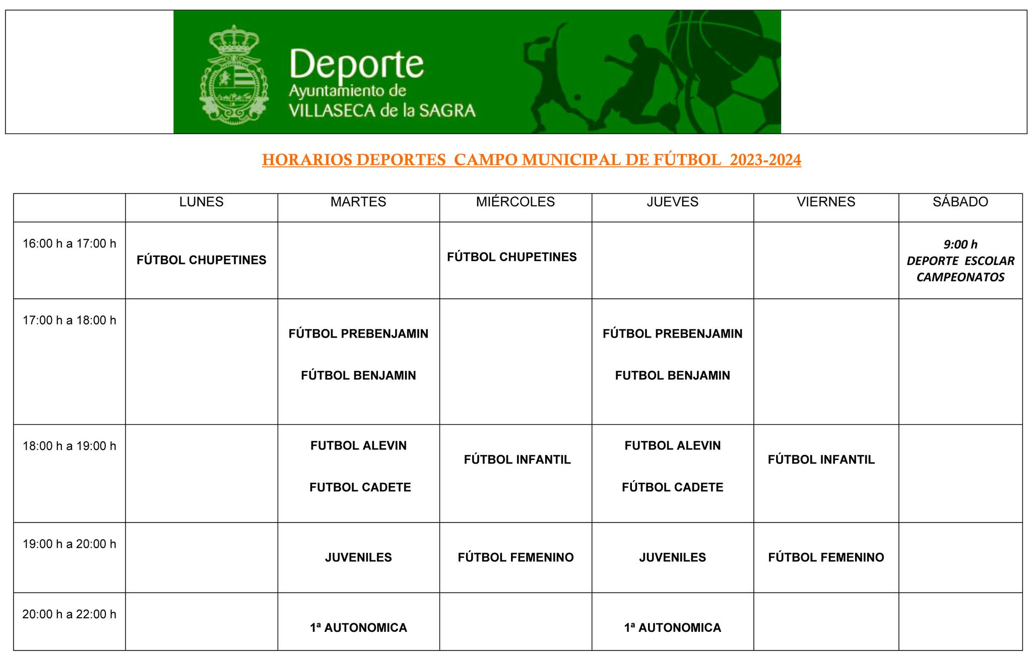 HORARIOS ESCUELAS DEPORTIVAS MUNICIPALES 2023/2024