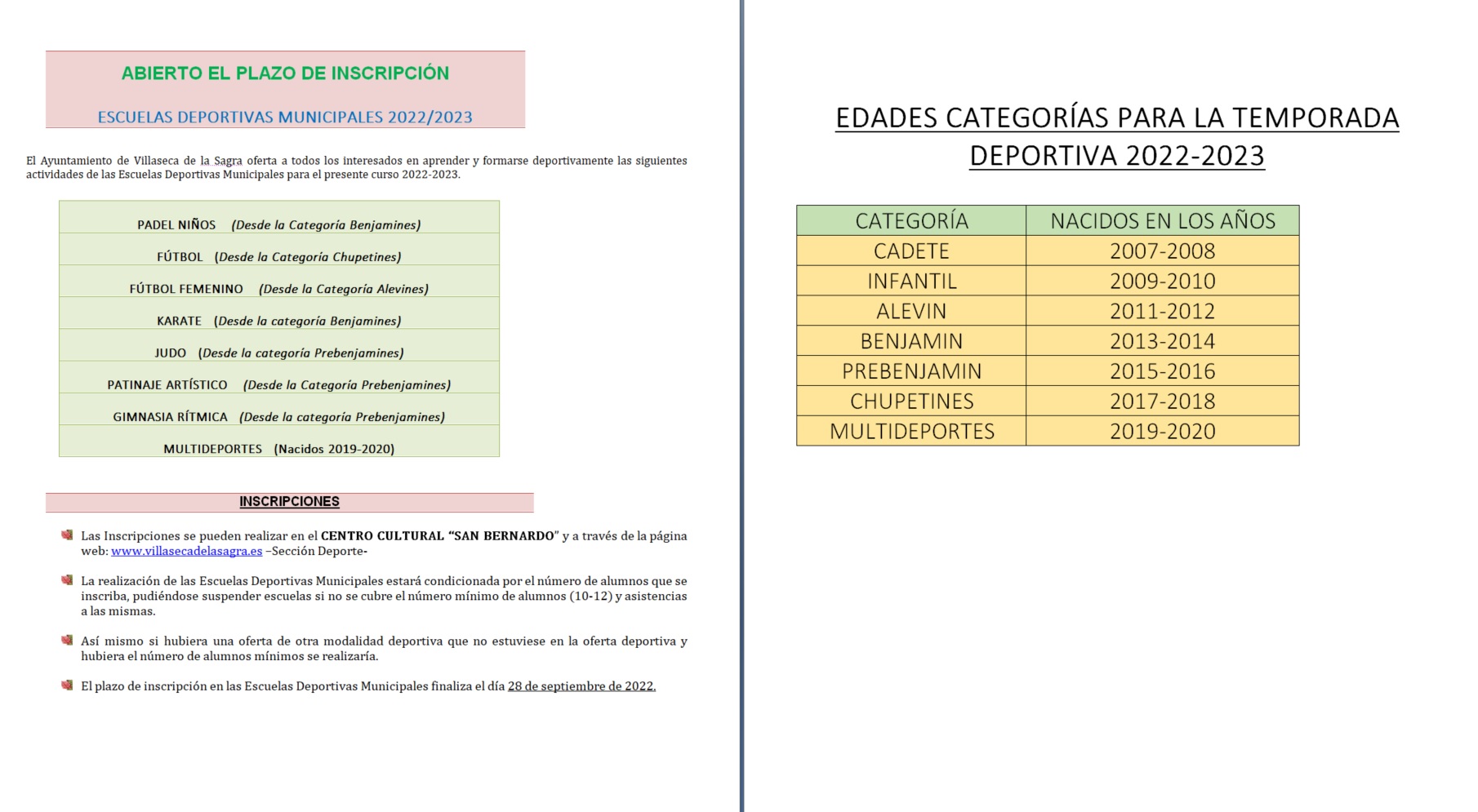 ABIERTO EL PLAZO DE INSCRIPCIÓN DE LAS ESCUELAS DEPORTIVAS MUNICIPALES 2022/2023