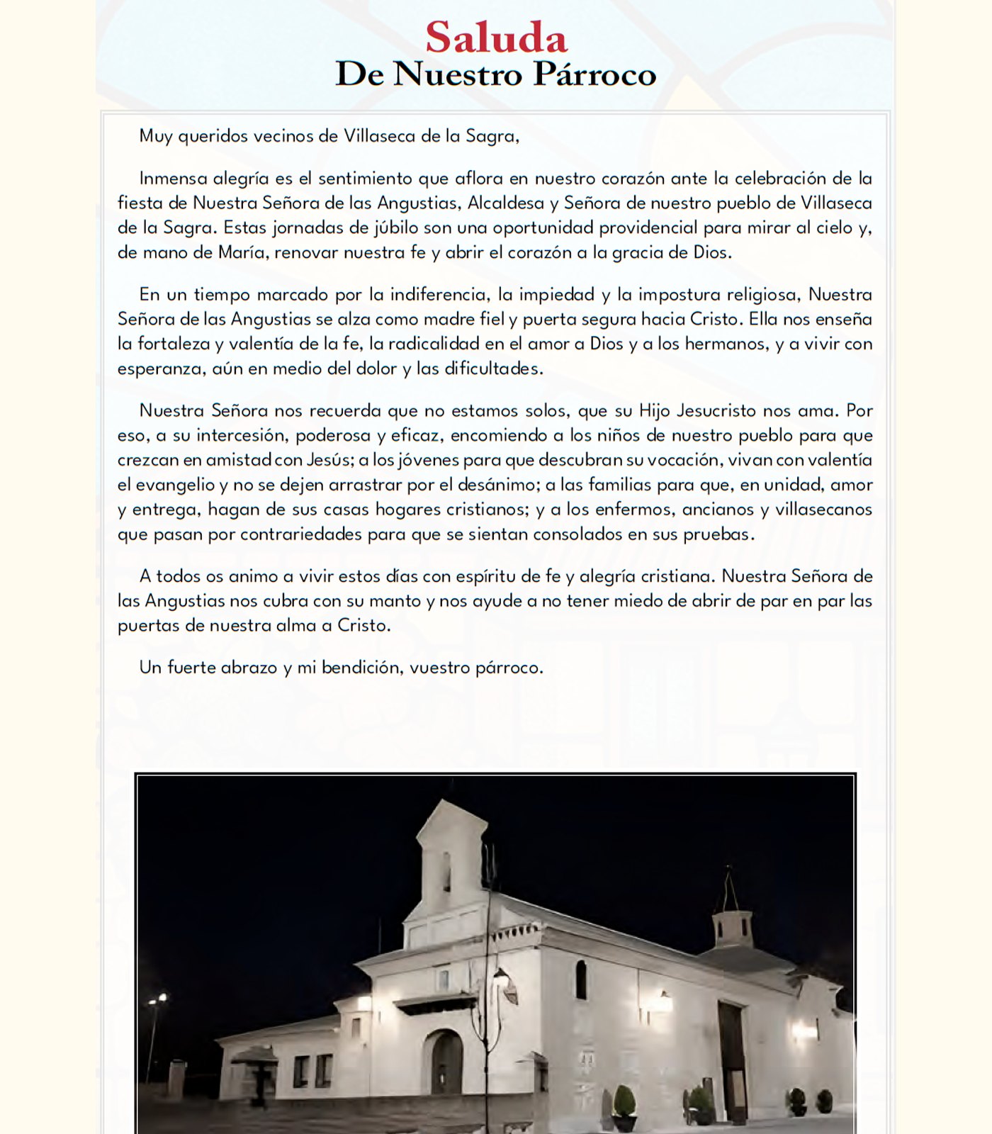 Saluda del Párroco con motivo de las Fiestas en honor a la Virgen de las Angustias