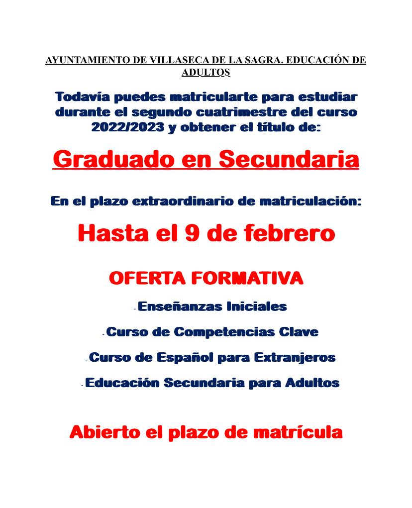 Graduado en Secundaria. Inscríbete hasta el 9 de febrero